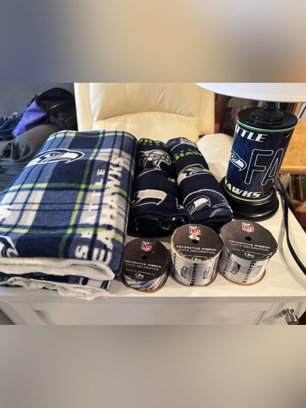 NFL Seattle Seahawks Fleece yardage + Ribbon Set and desk lamp.